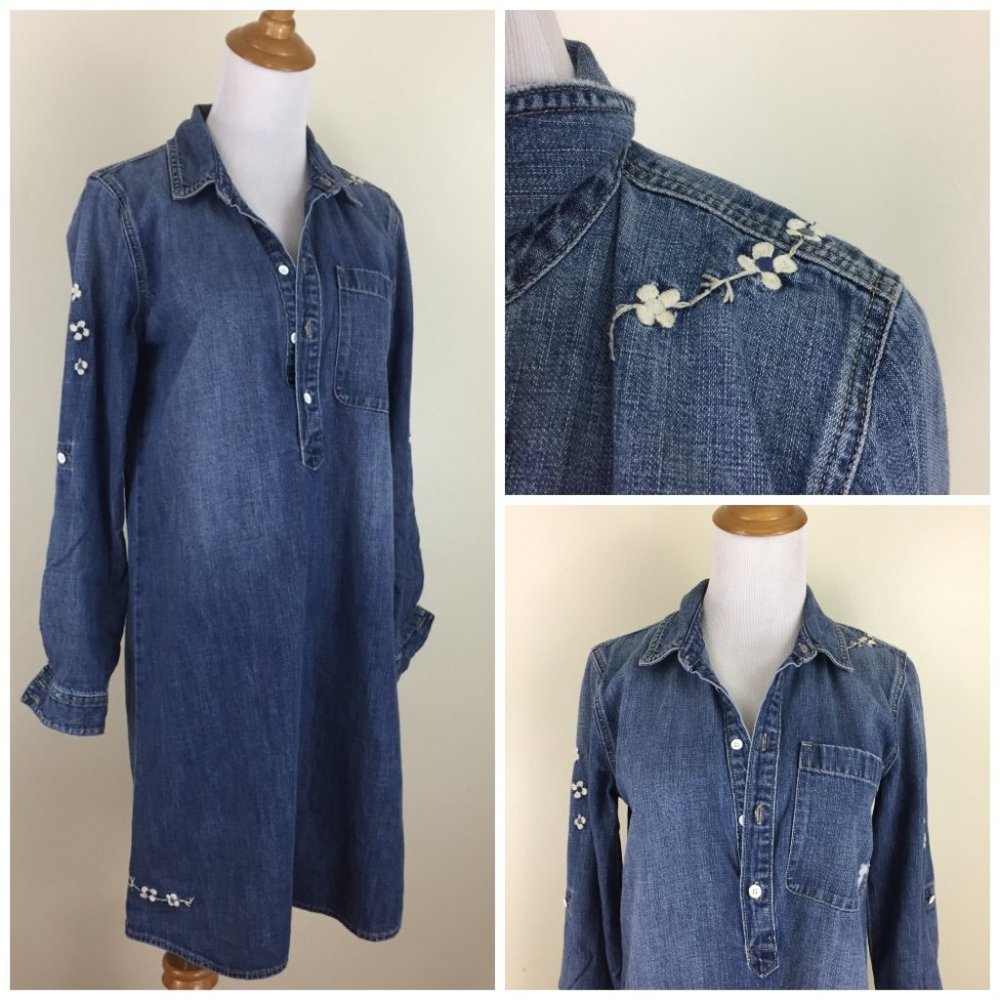LUCKY BRAND Floral Embroidery Distressing Long Sleeve Denim Dress